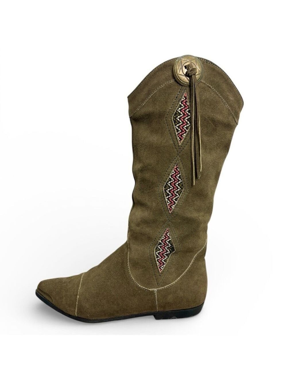 Vtg 80s Kaufman Canada green suede embroidered tassel western mid calf boots 8